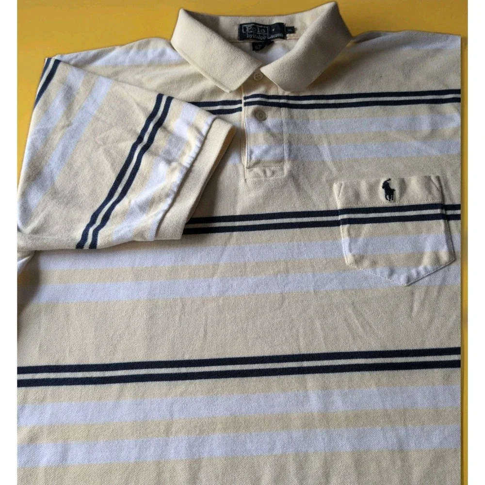 Polo Ralph Lauren Striped Yellow Black White Polo Shirt Men's XL Cotton Vtg 90s